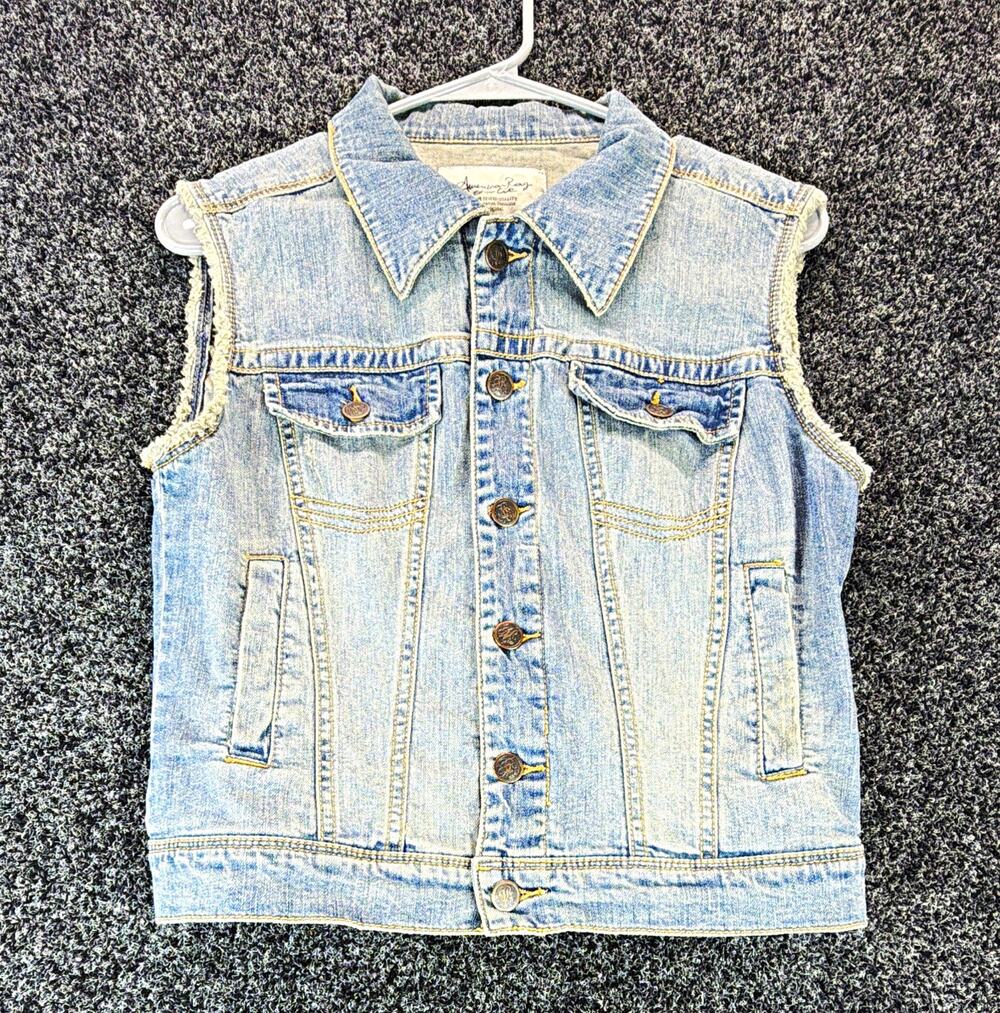 American Rag Cie Womens Blue Denim Vest Button Front Collared Pockets Size M